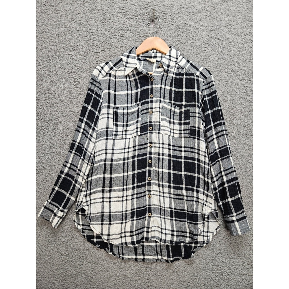 Pilcro Button Down Shirt XS Black White Plaid Textured Boho Casual Top